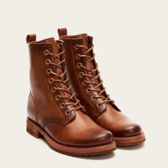 399 Frye Veronica Combat Cognac Leather Lace Up Moto Combat Comfy Low Heel Boot Ankle Boots Booties